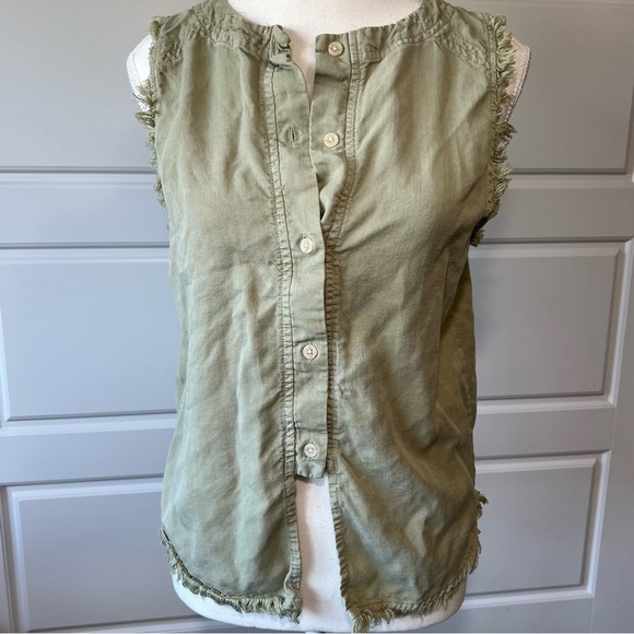 Frayed Sleeveless Open Belly Tank Button Down Olive Green Casual Top MD - Picture 1 of 4